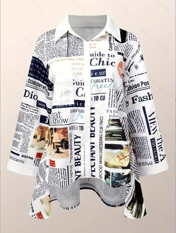 Γυναικείο πουκάμισο με εκτύπωση εφημερίδας, γιακάς λαπέλ, μακριά μανίκια, χαλαρή γραμμή, πολυεστέρας-σπάντεξ