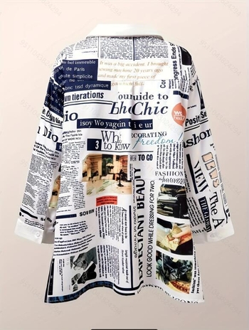 Γυναικείο πουκάμισο με εκτύπωση εφημερίδας, γιακάς λαπέλ, μακριά μανίκια, χαλαρή γραμμή, πολυεστέρας-σπάντεξ