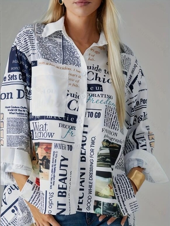 Γυναικείο πουκάμισο με εκτύπωση εφημερίδας, γιακάς λαπέλ, μακριά μανίκια, χαλαρή γραμμή, πολυεστέρας-σπάντεξ