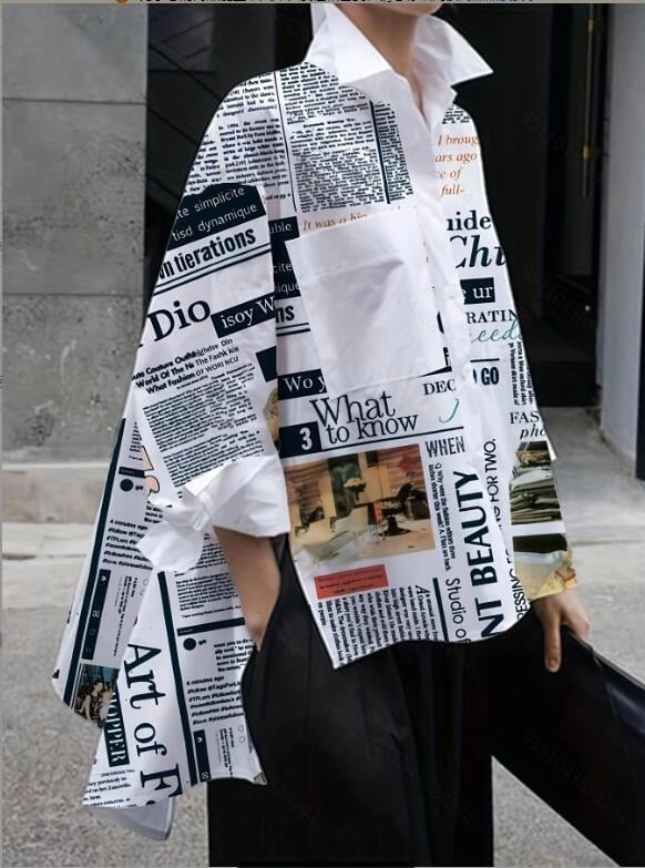 Дамска риза с принт на вестник, яка лафел, свободна кройка, полиестер/спандекс