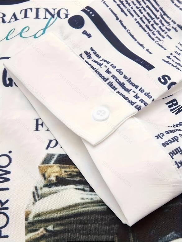 Дамска риза с принт на вестник, яка лафел, свободна кройка, полиестер/спандекс