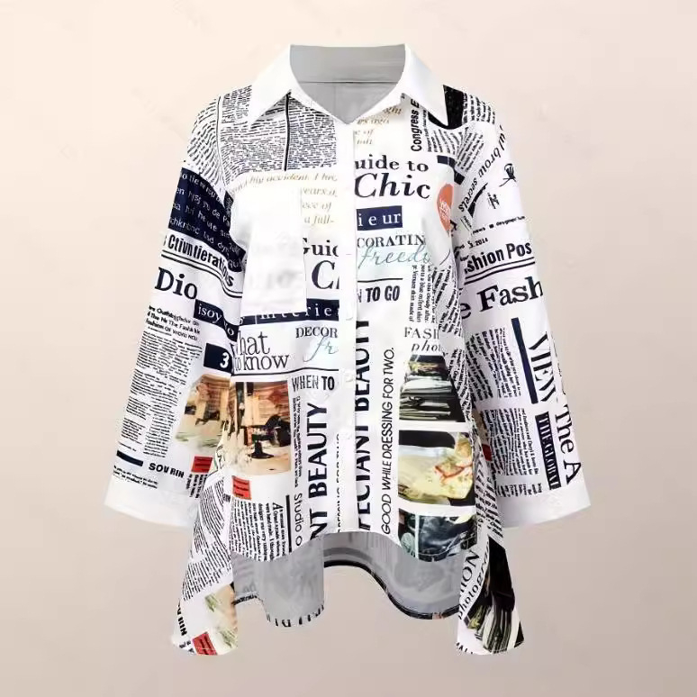 Дамска риза с принт на вестник, яка лафел, свободна кройка, полиестер/спандекс