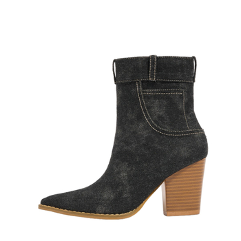 Γυναικείες μποτάκια Μάρτιν με μυτερό δάχτυλο, καμβά επάνω μέρος, χοντρό τακούνι, χαμηλός αστράγαλος, πλαϊνό φερμουάρ