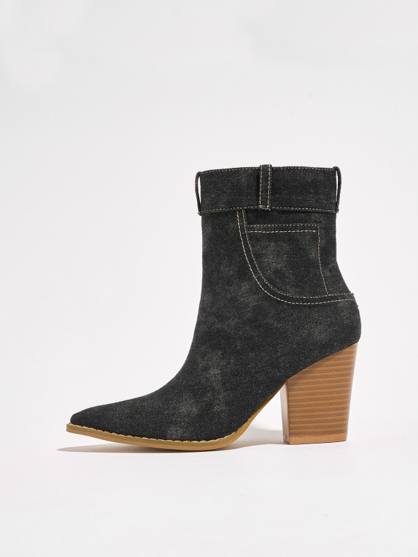 Γυναικείες μποτάκια Μάρτιν με μυτερό δάχτυλο, καμβά επάνω μέρος, χοντρό τακούνι, χαμηλός αστράγαλος, πλαϊνό φερμουάρ