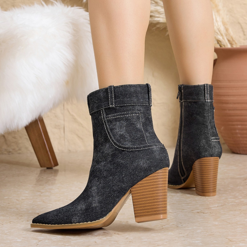 Γυναικείες μποτάκια Μάρτιν με μυτερό δάχτυλο, καμβά επάνω μέρος, χοντρό τακούνι, χαμηλός αστράγαλος, πλαϊνό φερμουάρ