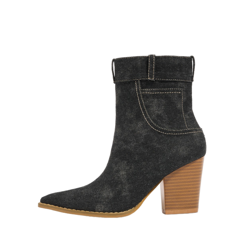 Γυναικείες μποτάκια Μάρτιν με μυτερό δάχτυλο, καμβά επάνω μέρος, χοντρό τακούνι, χαμηλός αστράγαλος, πλαϊνό φερμουάρ