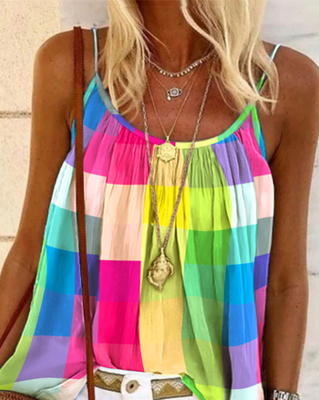 Τοπ με V-λαιμό, χωρίς μανίκια, καρό εκτύπωση, πολυεστέρας, άνοιξη 2022