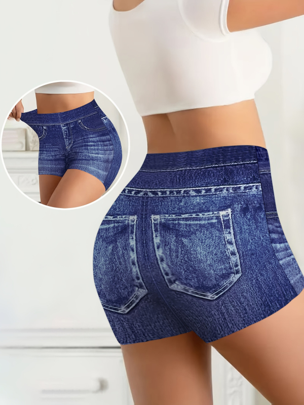 Sievietēm augsta josta, elastīgas šortkas ar faux džinsa apdruku, 3/4 garums, materiāls poliesters-elastāns