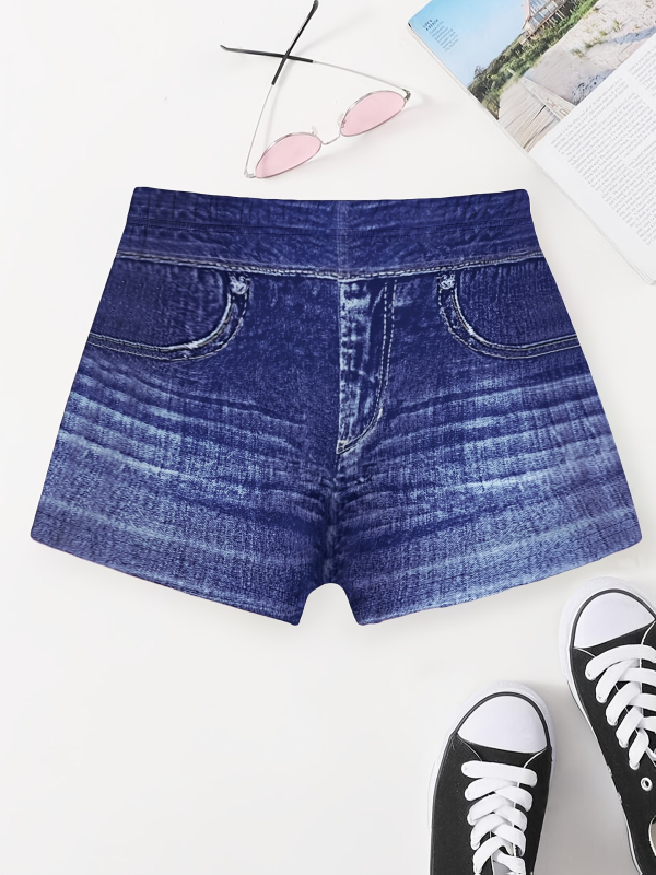 Sievietēm augsta josta, elastīgas šortkas ar faux džinsa apdruku, 3/4 garums, materiāls poliesters-elastāns