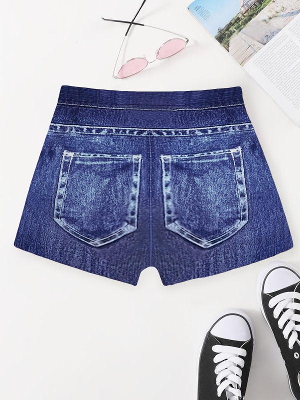 Sievietēm augsta josta, elastīgas šortkas ar faux džinsa apdruku, 3/4 garums, materiāls poliesters-elastāns