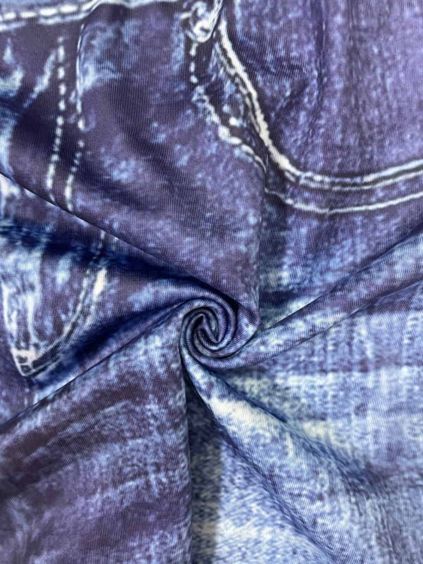 Sievietēm augsta josta, elastīgas šortkas ar faux džinsa apdruku, 3/4 garums, materiāls poliesters-elastāns