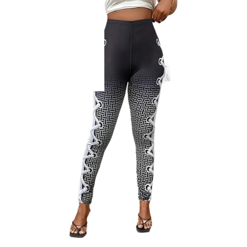 Γυναικείοι παντελόνες γιόγκα με ψηλή μέση, ελαστική ζώνη μέσης, ανύψωση γοφών, στενή εφαρμογή, γεωμετρικό σχέδιο, ύφασμα μιμείται βαμβάκι-πολυεστέρα (80-90% πολυεστέρας)