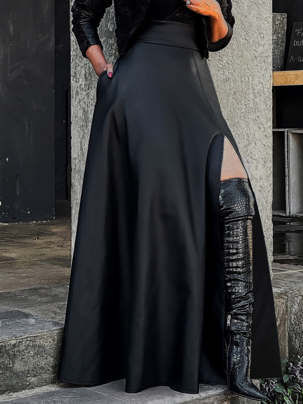 Duga A-linijska suknja sa bočnim visokim šlicom, poliester-spandeks materijal, Proljeće 2025