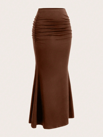 Φόρεμα γοργόνας μακρύ με ψηλή μέση, αδυνατιστικό, πλισέ, ουρά ψαριού, μονόχρωμο, πολυεστέρας/ελαστάνη, Φθινόπωρο 2024, Qianbaiyi