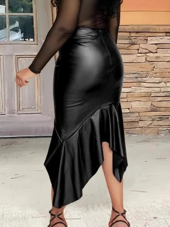 Φούστα midi με ακανόνιστο τελείωμα, ύφασμα πολυεστέρα-ελαστάν, τεχνική κολλάζ/ραφή, μονόχρωνο σχέδιο, χειμώνας 2024