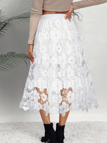 Midi suknja od čipke s elastičnim strukom, poliestersko-spandeks smjesa, A-linijski kroj