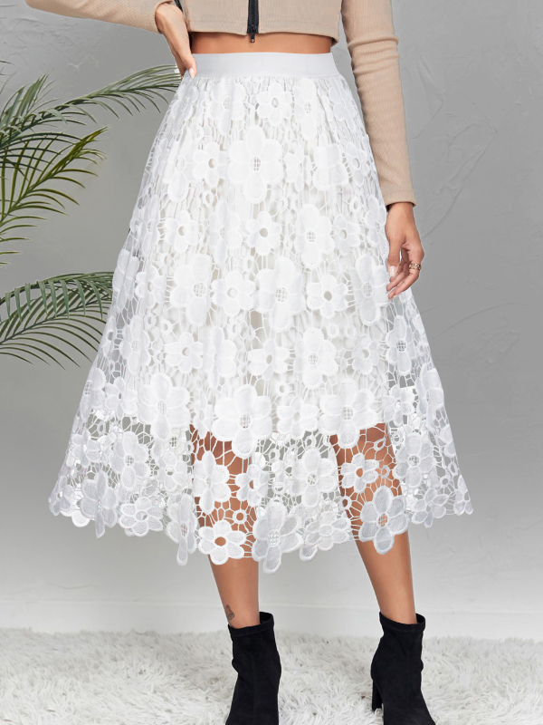 Fustă midi din dantelă, talie elastică, amestec poliester-spandex, siluetă tip umbrelă