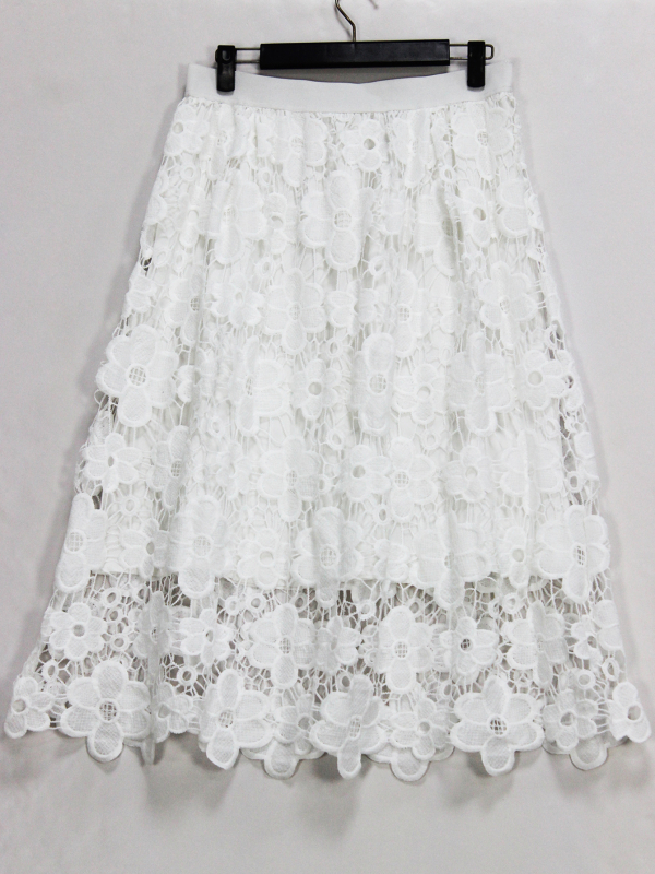 Fustă midi din dantelă, talie elastică, amestec poliester-spandex, siluetă tip umbrelă