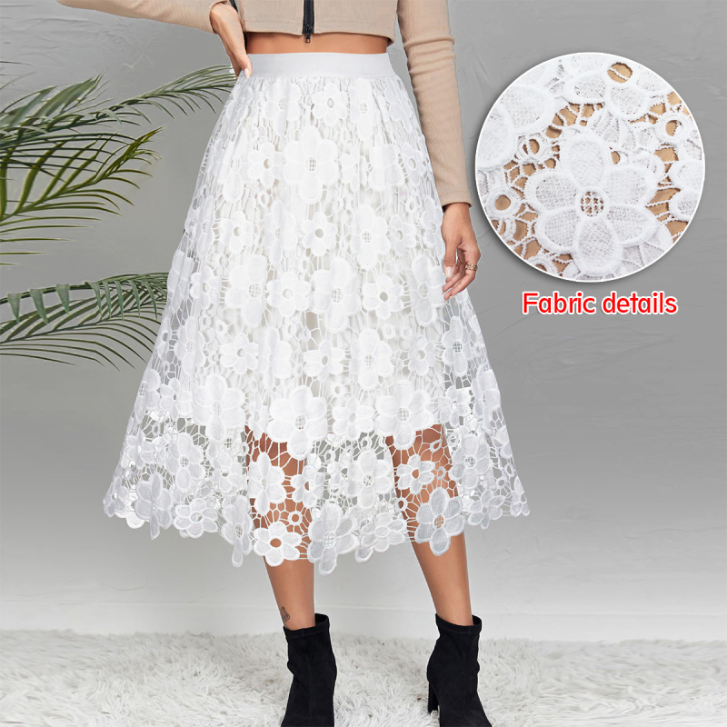 Midi suknja od čipke s elastičnim strukom, poliestersko-spandeks smjesa, A-linijski kroj