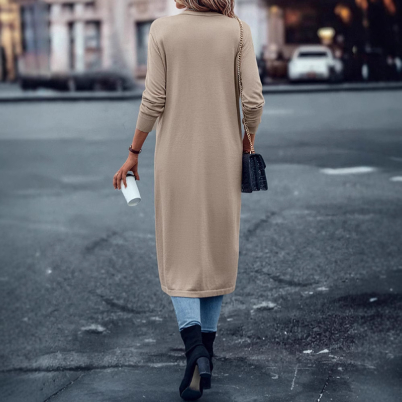 Cardigan-palto pentru femei, culoare solidă, mâneci lungi, croială lejeră, lungime extinsă peste 100 cm, poliester 70–80%, toamnă 2023