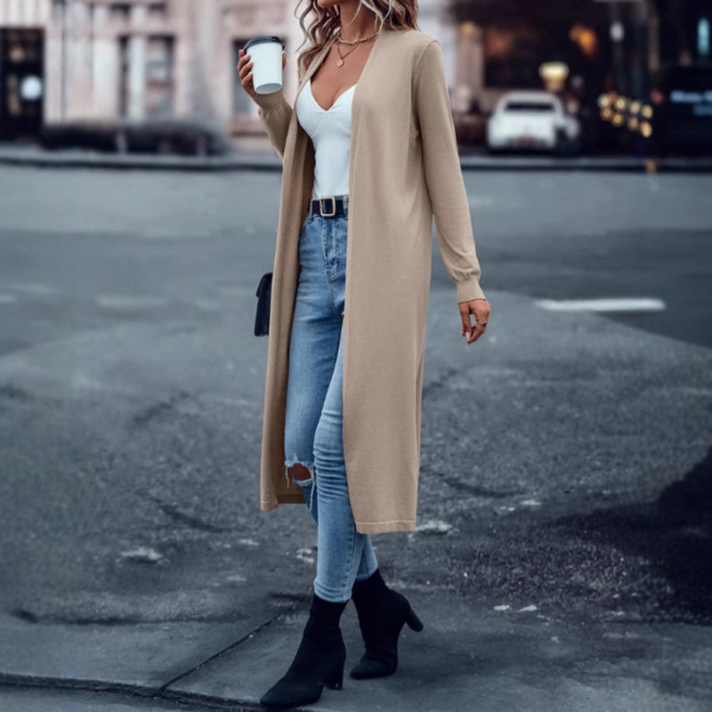 Cardigan-palto pentru femei, culoare solidă, mâneci lungi, croială lejeră, lungime extinsă peste 100 cm, poliester 70–80%, toamnă 2023