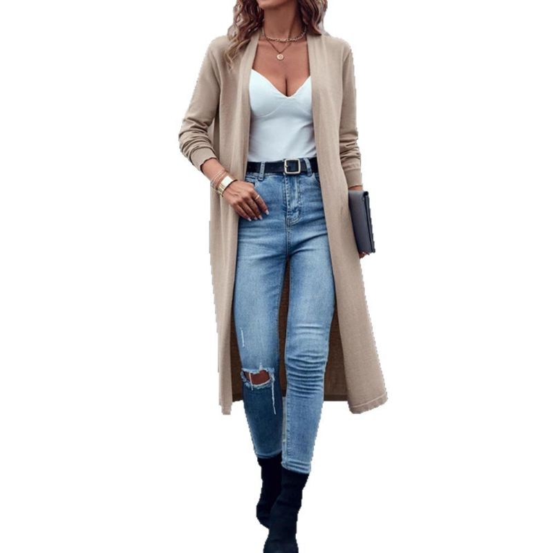 Cardigan-palto pentru femei, culoare solidă, mâneci lungi, croială lejeră, lungime extinsă peste 100 cm, poliester 70–80%, toamnă 2023