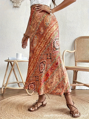 Duga suknja s ribljom repom i floralnim uzorkom, poliester, mikroelastičnost, ljeto 2024, japansko-korejski opušten stil