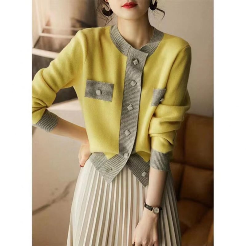 Cardigan tricotat cu patchwork, croială lejeră, guler rotund, mâneci lungi, poliester 80-90%