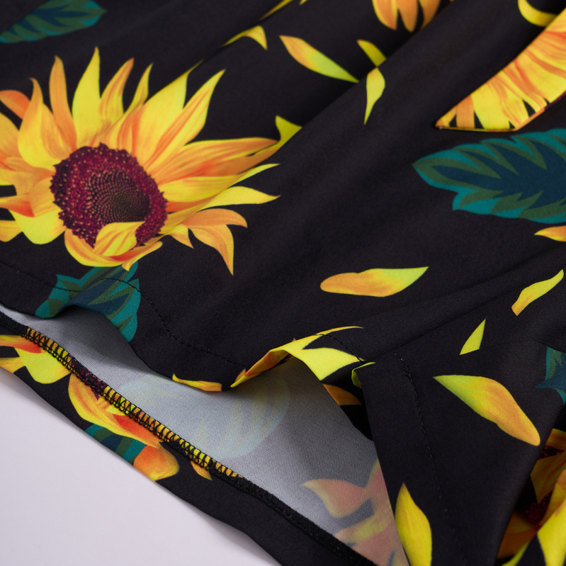 Naiste lahtise lõikega lühikesed püksid elastse vööga, 95% polüester, päevalill-Hawai'i puhkusstiil