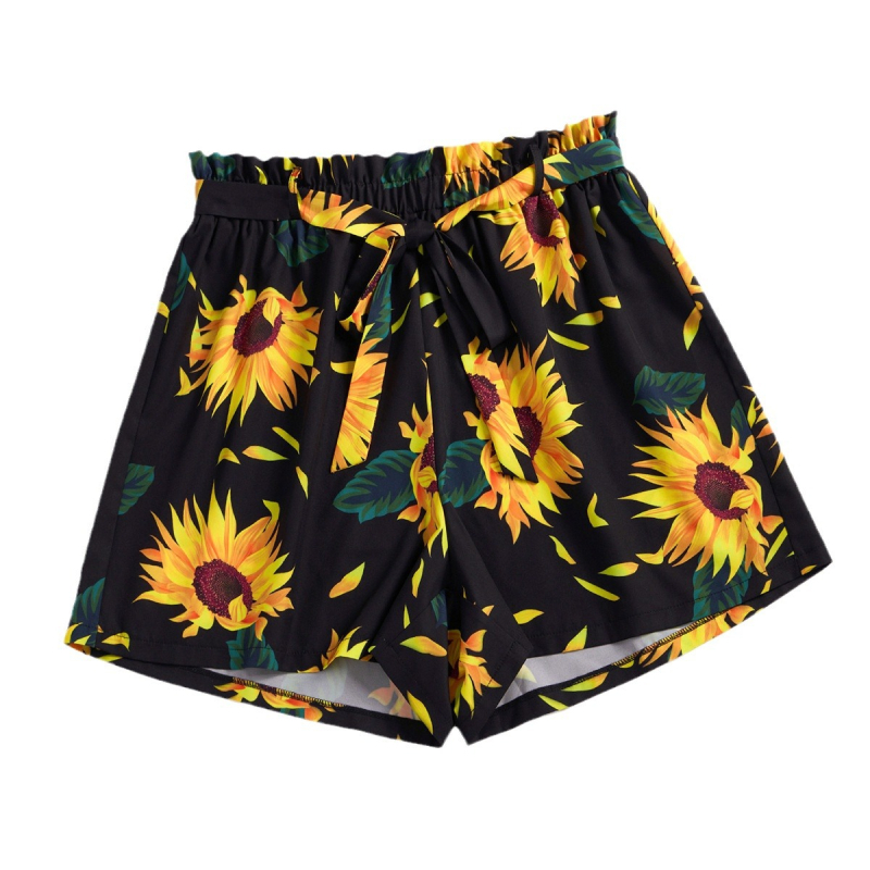 Naiste lahtise lõikega lühikesed püksid elastse vööga, 95% polüester, päevalill-Hawai'i puhkusstiil