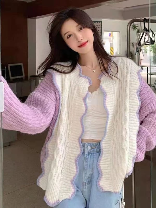 Korejski stil pleteni kardigan s polo ovratnikom (poliesterska tkanina; dugi rukavi; duljina 50–65 cm)