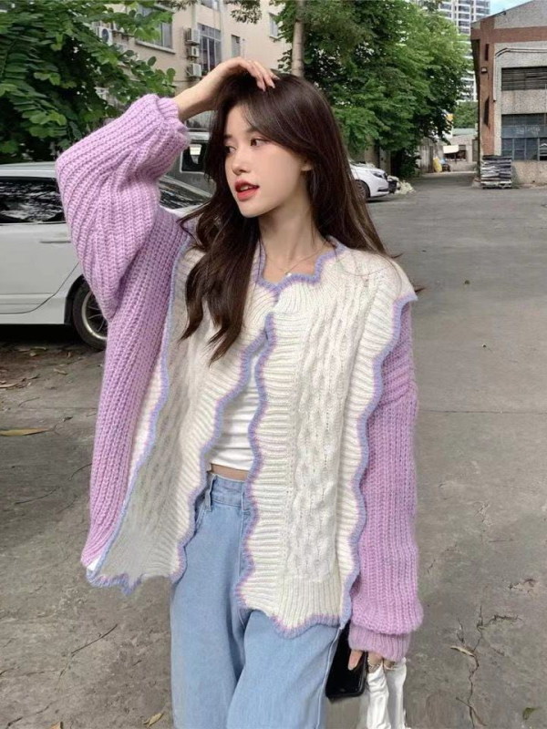 Korejski stil pleteni kardigan s polo ovratnikom (poliesterska tkanina; dugi rukavi; duljina 50–65 cm)