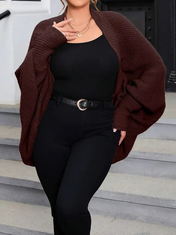 Cardigan tricotat lung, cu mâneci tip aripă, model stripe-mriežka, material poliester-acril, croi lejer, stil casual japonez-coreean.