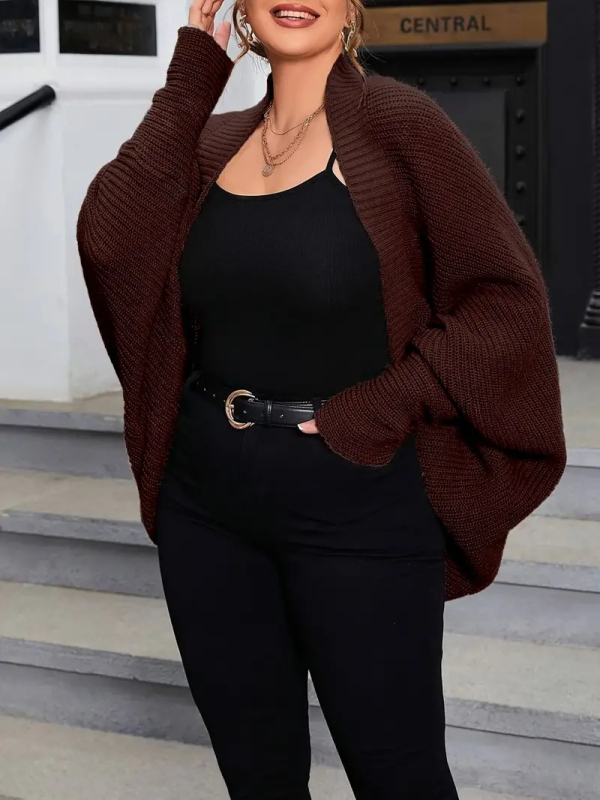 Cardigan tricotat lung, cu mâneci tip aripă, model stripe-mriežka, material poliester-acril, croi lejer, stil casual japonez-coreean.