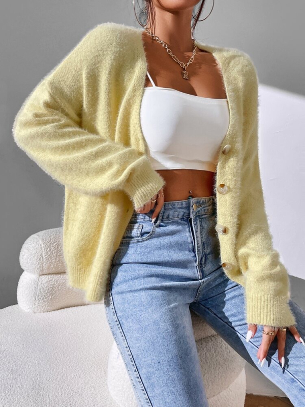 Cardigan tricotat cu decolteu în V, croială lejeră, mâneci lungi, lungime medie, nasturi pe un rând