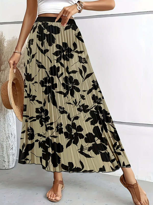 Ženska duga plisirana suknja s elastičnim pojasom, cvjetni uzorak, poliester–spandeks smjesa.