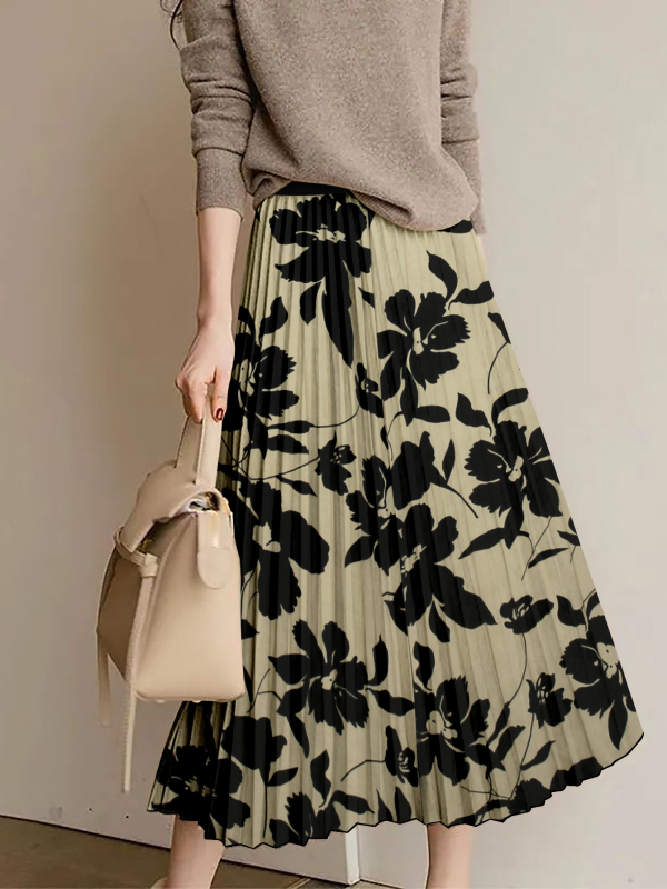 Fustă lungă plisată pentru femei, talie elastică, imprimeu floral, poliester cu elastan.