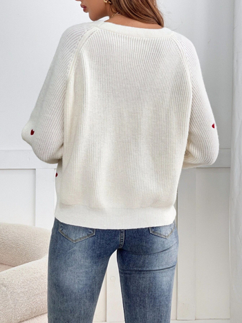 Női kardigán szív hímzéssel, V-nyakú, hosszú ujjú, közepes vastagságú, poliészter-spandex keverék