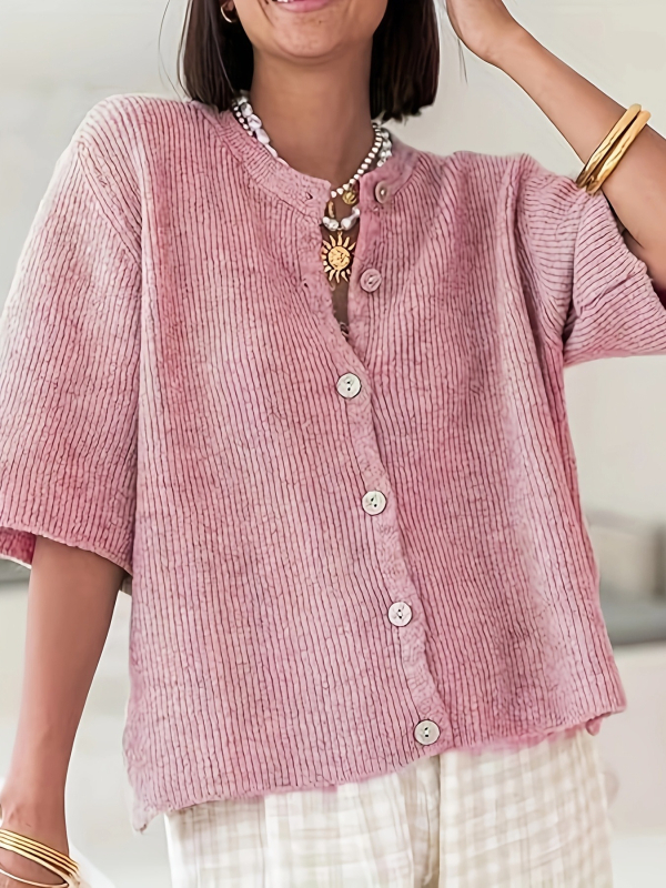 Cardigan damă din poliester cu tricot jacquard, croială lejeră, lungime medie (50–65 cm), guler rotund