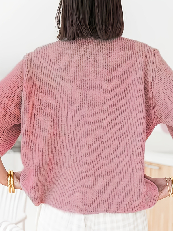 Cardigan damă din poliester cu tricot jacquard, croială lejeră, lungime medie (50–65 cm), guler rotund