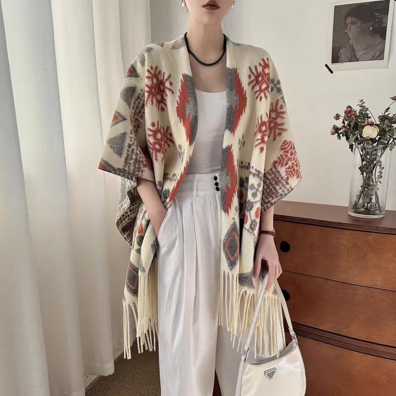 Sieviešu bohemiska cape šalle, poliestera zīds, ģeometrisks raksts, Jacquard audums