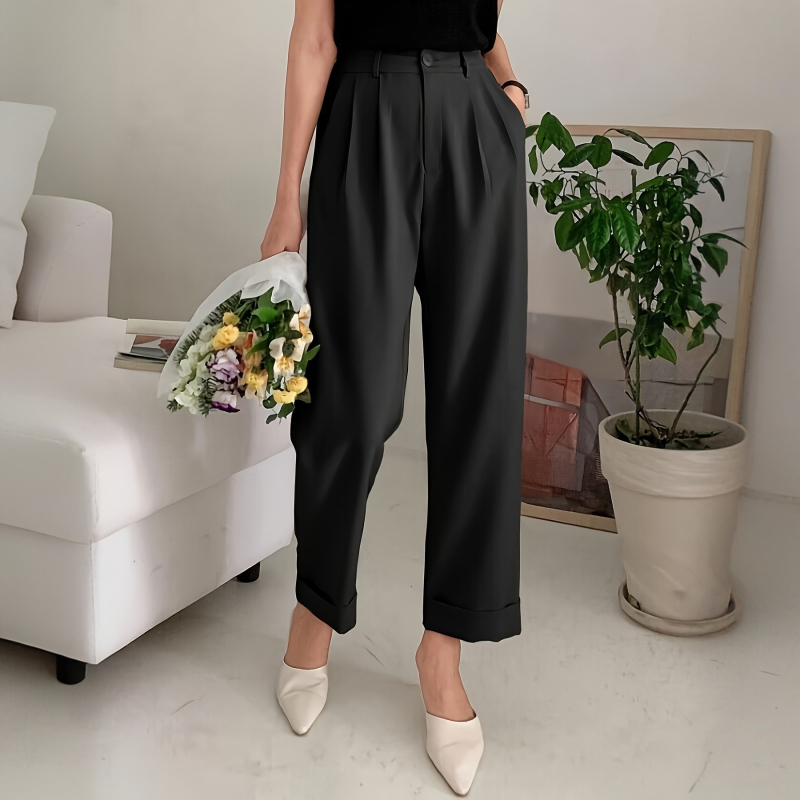 Женски панталони с висока талия и широки крачоли от полиестер, реални джобове, дължина 9/10