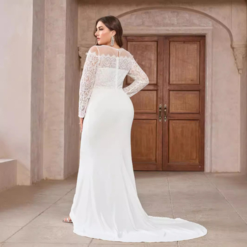 Plus-size vjenčana haljina s dugim rukavima od čipke, šlepom, dubokim V izrezom, jesen-zima 2024