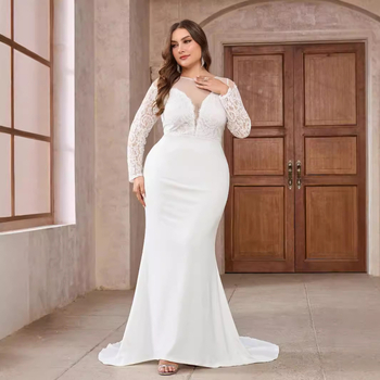 Plus-size vjenčana haljina s dugim rukavima od čipke, šlepom, dubokim V izrezom, jesen-zima 2024