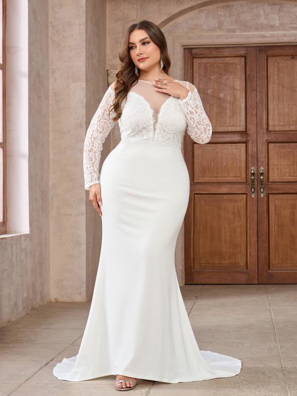 Plus-size vjenčana haljina s dugim rukavima od čipke, šlepom, dubokim V izrezom, jesen-zima 2024