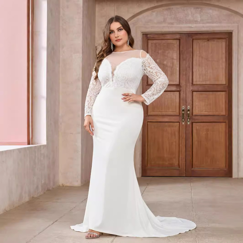 Plus-size vjenčana haljina s dugim rukavima od čipke, šlepom, dubokim V izrezom, jesen-zima 2024