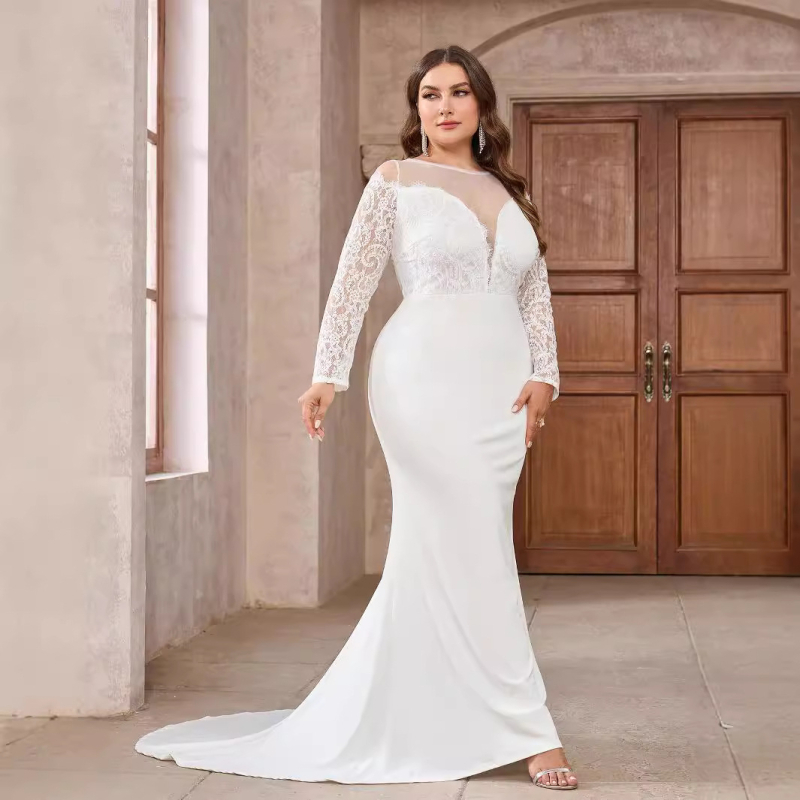 Plus-size vjenčana haljina s dugim rukavima od čipke, šlepom, dubokim V izrezom, jesen-zima 2024