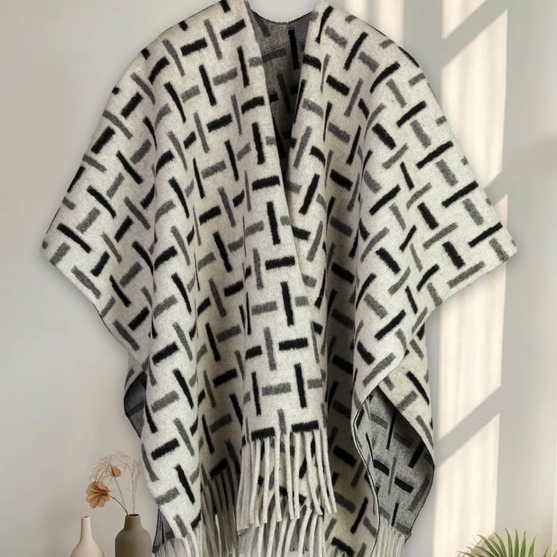 Пелерина пончо с ресни – елегантен светски стил; разрез (Полиестер; есенно-зимно; плетено; жакардово)