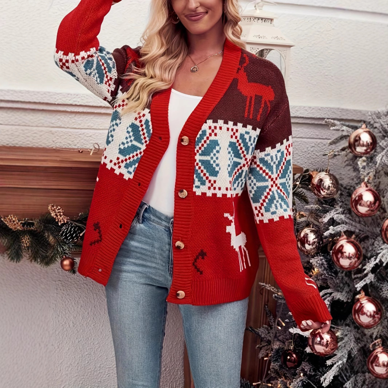 Cardigan jacquard pentru femei, croială lejeră, poliester, decolteu în V, lungime medie.