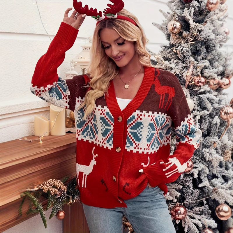 Cardigan jacquard pentru femei, croială lejeră, poliester, decolteu în V, lungime medie.